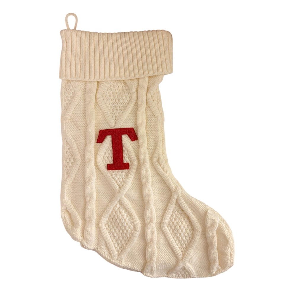 NEW Cream Cable Knit Monogram "T"Christmas Stocking‎ Holiday Decor